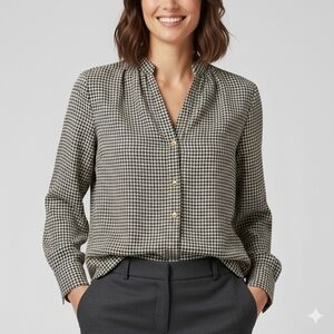 🟣 XS Smart Set Houndstooth Geometric V-Neck Long Sleeve Button-Down Blouse